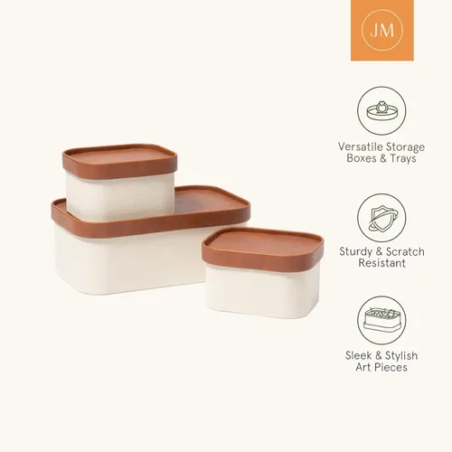 Miniatura 5 de Cajas de almacenamiento decorativas beige con tapas, cestas de almacenamiento con tapas similares al cuero, cajas de papel apilables resistentes