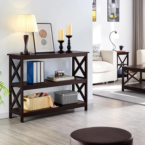 Miniatura 2 de Topeakmart Consola de 3 niveles y mesa de sofá con almacenamiento, mesa de entrada larga estrecha para espacios pequeños, estantería