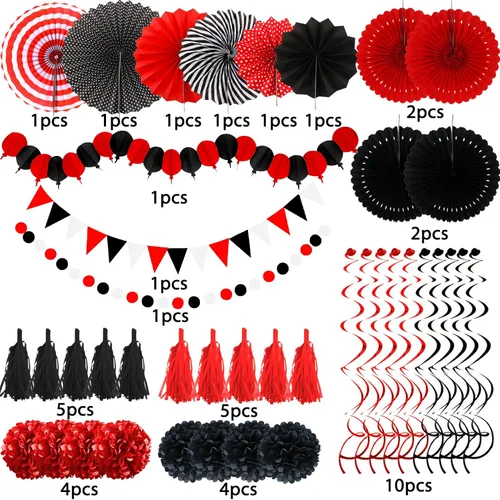 Miniatura 2 de ZERODECO - Decoraciones de fiesta, 41 piezas de abanicos de papel negros y rojos, pompones, guirnaldas, hilo, papel de seda y borlas para Negro Rojo