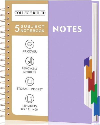 Miniatura 18 de CAGIE Cuadernos de espiral para trabajo escolar con pestañas divisorias extraíbles, cuaderno de 5 materias de 8.5 x 11 pulgadas, a rayas