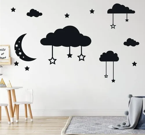 Calcomanías de pared de vinilo con nubes, luna y estrellas, decoración del hogar para habitación de los niños, decoración del bebé, calcomanías Negro