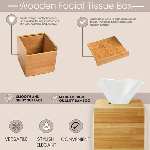 Miniatura 6 de Performore Funda cuadrada de bambú para caja de pañuelos, elegante soporte de papel facial de madera resistente al agua para baño, escritorio