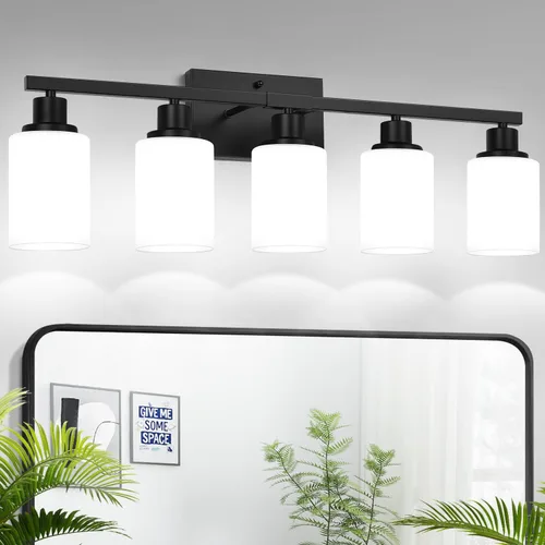Miniatura 27 de MOKATNG Juego de 2 apliques de pared para baño, luces de tocador modernas negras con pantalla de vidrio blanco, lámpara de pared de baño
