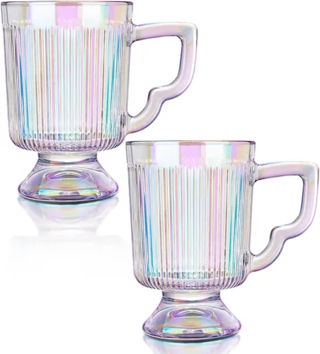 Miniatura 8 de Joeyan Tazas de café de vidrio con asa, tazas de café transparentes acanaladas vintage, tazas de café café con leche, capuchino, tazas de leche