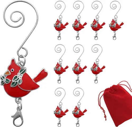 Cardinals - Ganchos para adornos con gancho en S y pinza de langosta – Juego de 10 – Cardenales con hojas de acebo – Accesorios de Navidad y