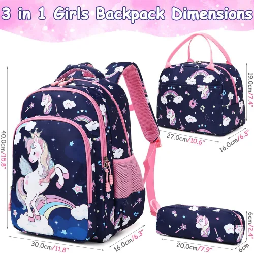 Miniatura 15 de Juego de mochila para niñas y adolescentes, mochila escolar para niños con bolsa para el almuerzo, estuche para lápices, mochilas escolares