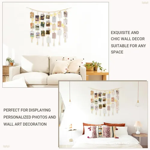 Miniatura 2 de Mkono - Expositor de fotos colgante de macramé para decoración de pared con luces de cadena, collar de cuentas de madera estilo boho, marco