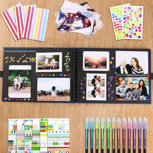 Miniatura 7 de Vienrose Álbum de recortes de 80 páginas, álbum de fotos DIY con accesorios, libro de recuerdos de papel kraft azul marino para bodas, cumpleaños