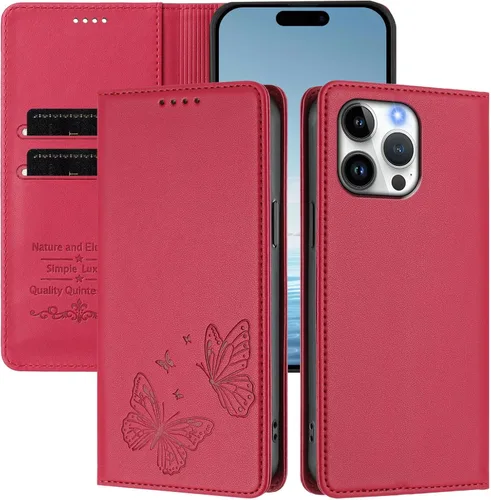 Miniatura 3 de Butterfly Embossed Leather Wallet Flip Case for Motorola Moto E22i 4G, Magnetic Closure, RFID Blocking Cover, Card Holder Red.
