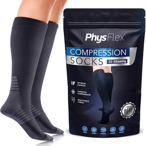 PhysFlex Calcetines de compresión para mujeres y hombres, medias de compresión para la circulación, el mejor apoyo para enfermería, embarazo, vuelo,