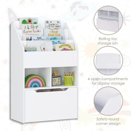 Miniatura 7 de UTEX Estantería para niños con caja de juguetes móvil, estante para libros y almacenamiento de juguetes, estante de exhibición de libros para niños