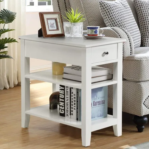 Miniatura 2 de KOTEK Mesa auxiliar con cajón y estante de almacenamiento abierto, mesa auxiliar estrecha, mesita de noche delgada, mesita de noche de 3 niveles