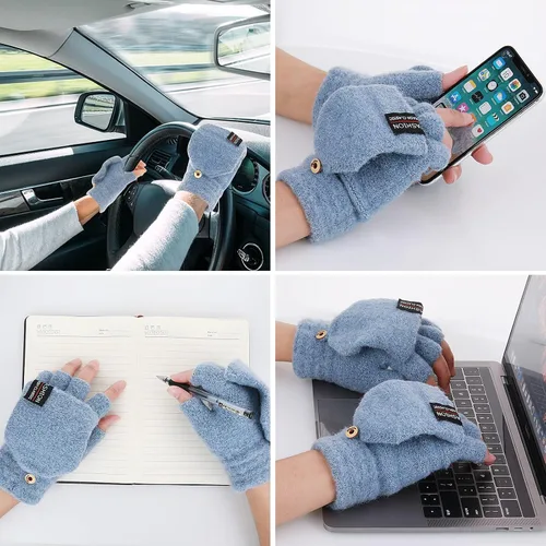 Miniatura 30 de THINP Guantes sin dedos para mujeres y hombres, guantes de invierno, guantes de lana cálida de punto sin dedos con tapa, guantes convertibles