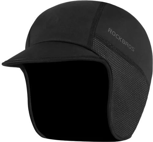 Miniatura 7 de ROCKBROS Gorras de ciclismo de invierno para hombres y mujeres, sombrero de ciclismo a prueba de viento con visera solar debajo del casco forro negro