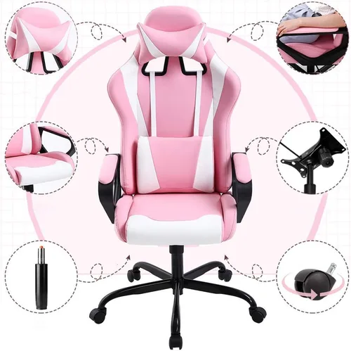 Miniatura 4 de HHS Silla rosa para videojuegos, silla de escritorio para computadora de masaje, sillas de videojuegos, silla ergonómica de carreras con soporte