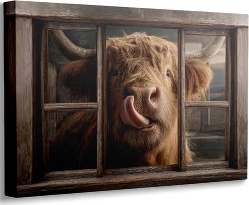 Miniatura 13 de Divertido arte de pared de baño de vaca de las tierras altas, rústico, color marrón, lindo animal, pintura, imagen, decoración de pared, ganado
