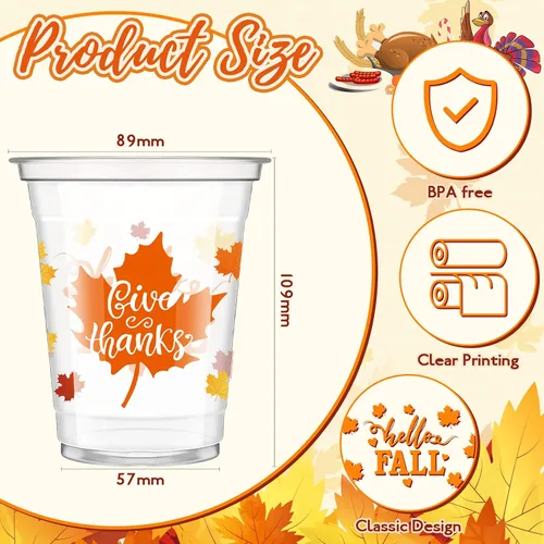 Miniatura 3 de Meanplan 100 vasos de plástico de Acción de Gracias a granel de 12 onzas, vasos desechables de otoño, hojas de calabaza, pavo, vasos transparentes