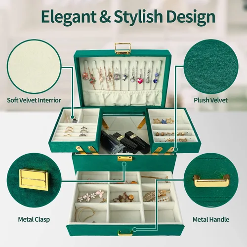 Miniatura 3 de Dajasan Jewelry Box for Women 3 Layers Large Velvet Jewelry Organizer Jewelry Storage Organizer Jewelry Case for Earring Ring Necklace Bracelets