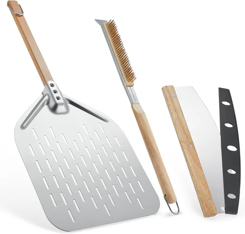 Espátula perforada de aluminio para pizza, cortador de pizza y cepillo para horno de pizza con raspador de piedra, juego de 3 accesorios para horno