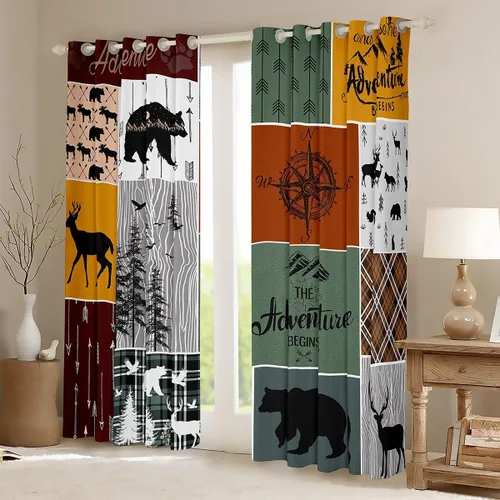 Miniatura 2 de Cortinas rústicas retro de cabaña, cortinas opacas de oso ciervo, 38 pulgadas de ancho x 45 pulgadas de largo, 2 paneles, cortinas de caza