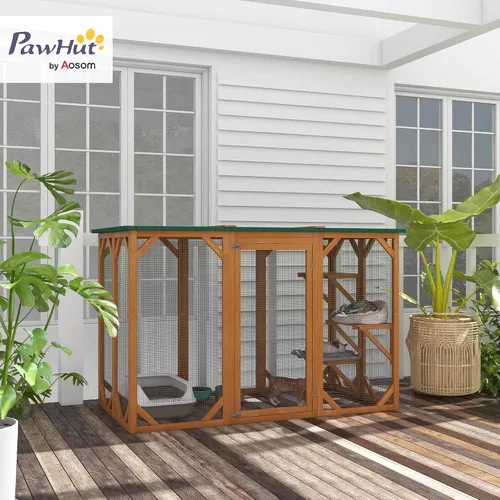 Miniatura 2 de PawHut Casa para gatos al aire libre, refugio de madera para gatos Catio, jaula para gatos con plataformas, puerta de entrada grande, techo