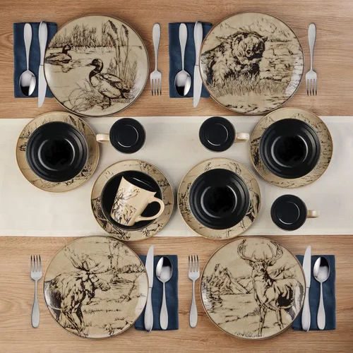 Miniatura 3 de Mossy Oak Juego de vajilla de cerámica de 16 piezas, servicio para 4 personas con platos llanos, platos de ensalada, cuencos y tazas, diseño
