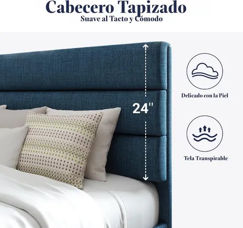 Miniatura 4 de Allewie - Base de cama de plataforma matrimonial con cabecera tapizada de tela y soporte de listones de madera, base de colchón totalmente tapizada