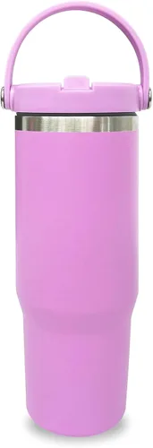 Miniatura 44 de Vaso de 30 onzas con asa superior, vaso aislado al vacío de doble pared con popote abatible, taza de café de viaje de 30 onzas con recubrimiento