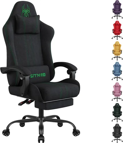 SITMOD Silla de juegos de tela con reposapiés, silla de computadora transpirable con reposacabezas y almohada lumbar, silla ergonómica grande y alta