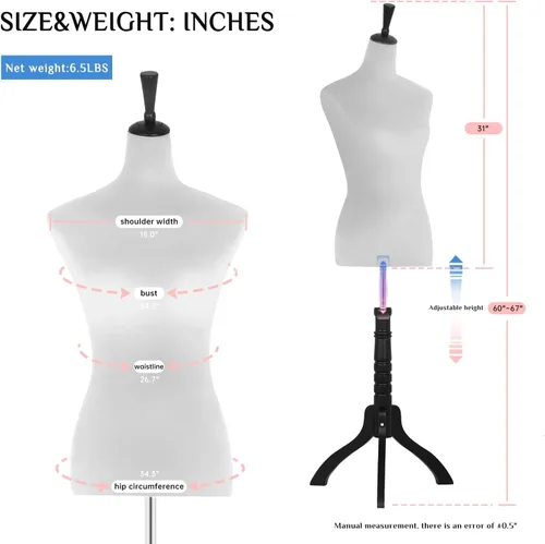 Miniatura 7 de Cuerpo de maniquí femenino, forma de vestido de 60 a 67 pulgadas, maniquí de costura, maniquí de torso con base de trípode de madera, maniquí