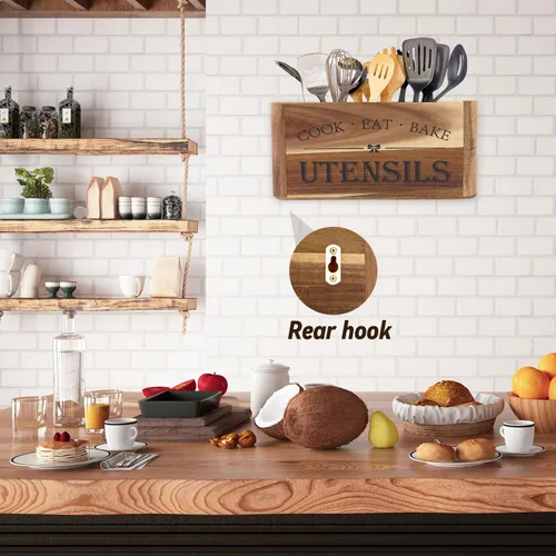 Miniatura 5 de Soporte para utensilios para encimera de cocina, organizador de madera extra grande de 3 compartimentos en madera de acacia, almacenamiento