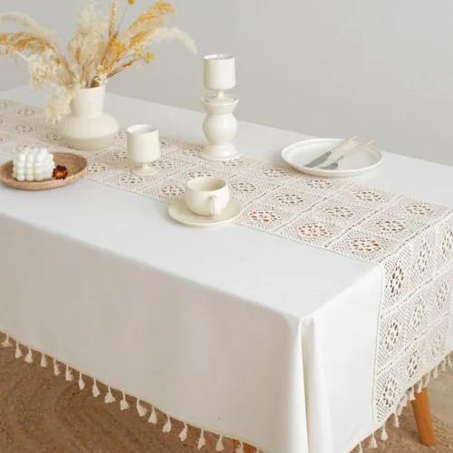 AMZALI Mantel de lino de algodón, decoración de mesa de cocina y comedor, mantel de ganchillo texturizado para uso en exteriores e interiores, 55 x