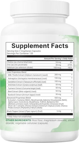 Miniatura 6 de Liver Advanced+, 240 cápsulas vegetales Complejo 20 en 1 con cardo mariano, diente de león, NAD, NAC, ALA, TUDCA, glutatión, alcachofa, cúrcuma