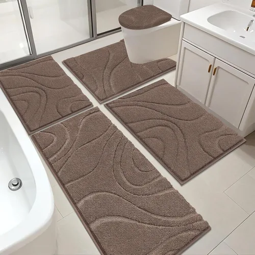 Miniatura 21 de Juego de alfombras de baño HEBE de 5 piezas, tapete de baño de microfibra suave y absorbente para el baño, juego de alfombras de baño antideslizante