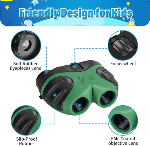Miniatura 3 de Regalos de Pascua para niños de 3 a 12 años, VNVDFLM binoculares compactos 8x21 a prueba de golpes verdes para observación de aves, telescopio