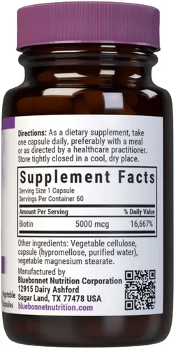 Miniatura 2 de Bluebonnet Nutrition Biotin - Cápsulas vegetales de 5000 Mcg, la biotina es una vitamina B que ayuda a hacer queratina, vegana, vegetariana, sin