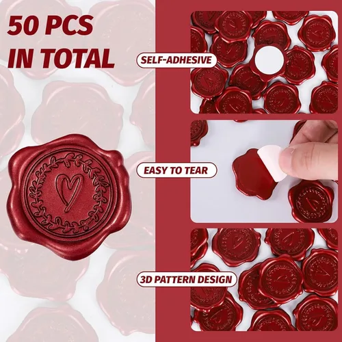 Miniatura 3 de Whaline 50 calcomanías de sello de cera en relieve para el día de San Valentín, diseño de corazón rojo vino, calcomanías para sello de sobre