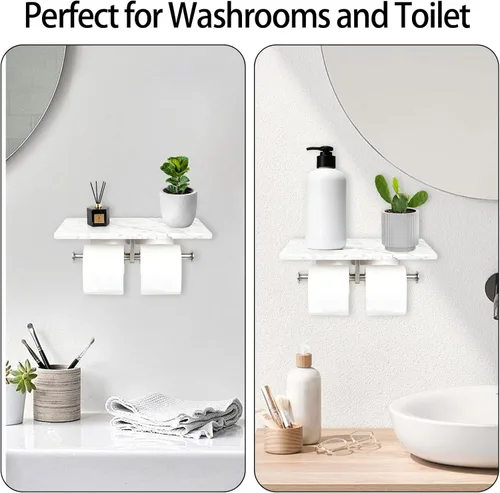 Miniatura 5 de Soporte de papel higiénico con estante de mármol natural para baño, soporte de pañuelos montado en la pared adecuado para rollo mega