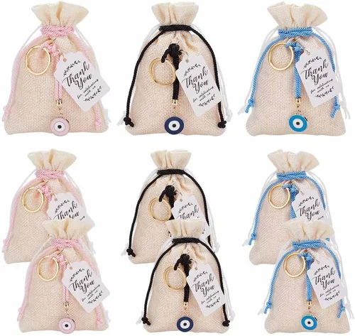 NBEADS 3 bolsas de regalo con cordón de 3 colores, bolsas de arpillera de imitación, bolsa de joyería de poliéster con dijes contra el mal de ojo y