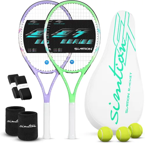 Miniatura 9 de Juego de raquetas de tenis de 27 pulgadas, raquetas de tenis preencordadas para 2 jugadores para adultos, 2 cintas de sobreagarre, 3 pelotas, 2