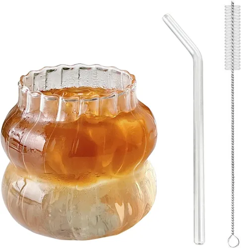 Maritown Taza de café helado con pajilla, taza de café transparente de 13.8 onzas con popote de vidrio y cepillo limpiador de pajilla, cristalería