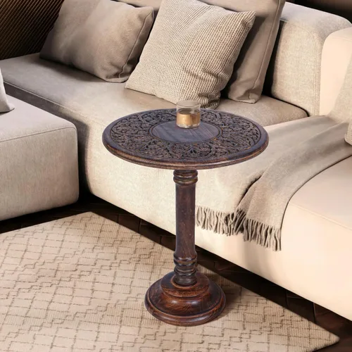 Miniatura 7 de Mesa auxiliar para sala de estar – Mesa auxiliar de madera de mango tallada a mano de 18x22 pulgadas, Mesa de acento tipo pedestal para mesita