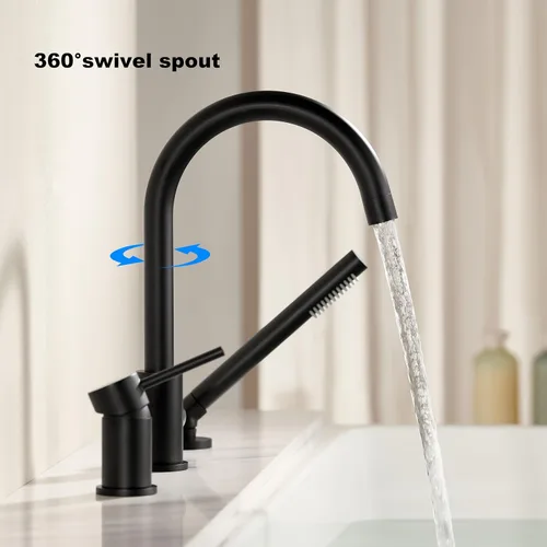 Miniatura 3 de Grifo de bañera de montaje en cubierta negro con rociador, grifos de bañera de alto flujo, grifo de baño de latón con mango montado en la ducha