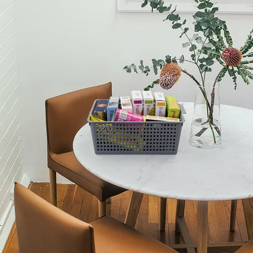Miniatura 6 de Paquete de 3 cestas de almacenamiento de plástico, contenedor de almacenamiento grande gris