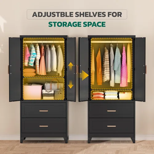 Miniatura 5 de Greenvelly Metal Storage Wardrobe Cabinet with Lock, Metal Wardrobe Closet with Doors and Shelves, Modern Clothes Closet for Office, Bedroom and