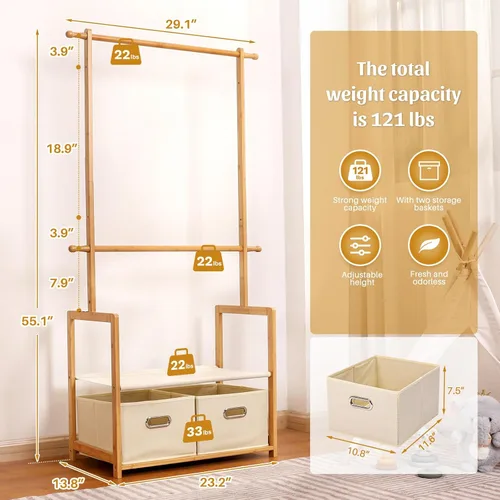 Miniatura 7 de Perchero de bambú para niños con 2 cestas de almacenamiento y 2 varillas ajustables para colgar, soporte para ropa infantil con estante, estantes