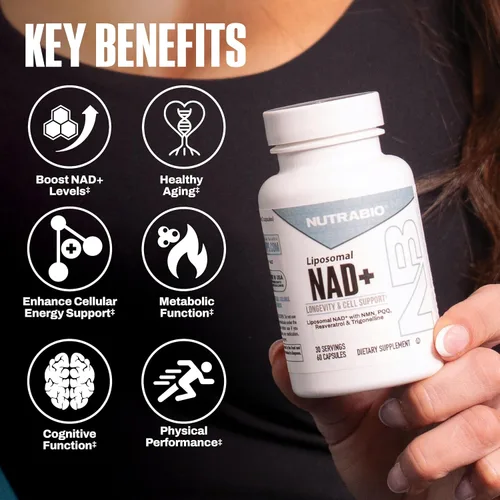 Miniatura 3 de NutraBio Suplemento liposomal NAD+ con resveratrol, NMN y PQQ para la longevidad y el apoyo celular para hombres y mujeres, vitalidad a largo plazo