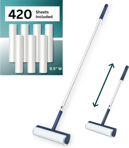 Miniatura 2 de Rodillo de pelusa grande con rodillo extra pegajoso y 420 hojas de 9.5 pulgadas de ancho, rodillo de pelusa para suelo, mango largo, extensible