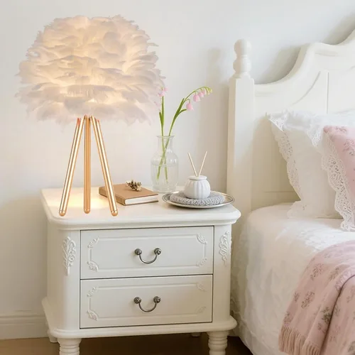 Miniatura 2 de ZYLEIESENBAO - Lámpara de pluma blanca con textura de piel de mesa H16'' Moderna lámpara de escritorio de princesa con trípode, luz esponjosa