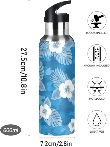 Miniatura 9 de Stainless Steel Vacuum Insulated Water Bottle 20 Oz, Leakproof Water Bottles for Gym Outdoor Travel School, Flowers Tropical Leaves Blue